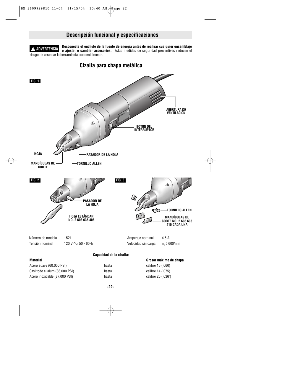 Descripción funcional y especificaciones, Cizalla para chapa metálica | Bosch 1521 User Manual | Page 22 / 28