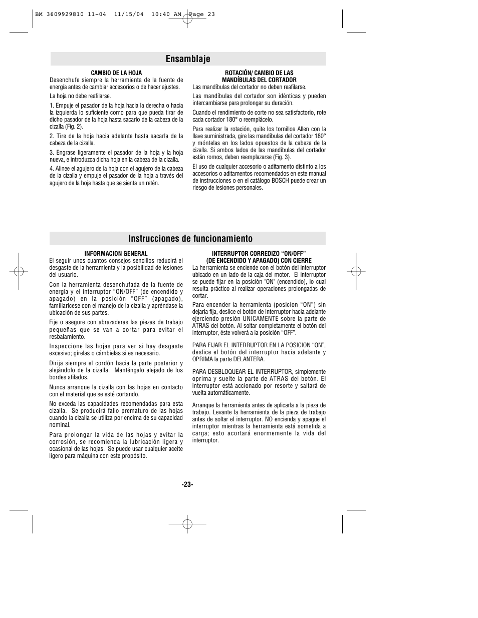 Instrucciones de funcionamiento, Ensamblaje | Bosch 1521 User Manual | Page 23 / 28