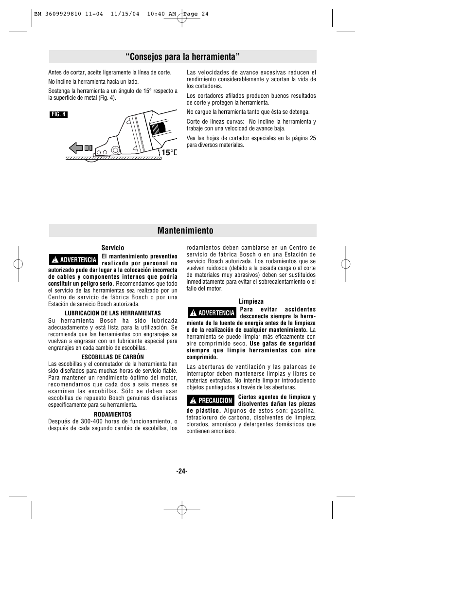 Consejos para la herramienta, Mantenimiento | Bosch 1521 User Manual | Page 24 / 28
