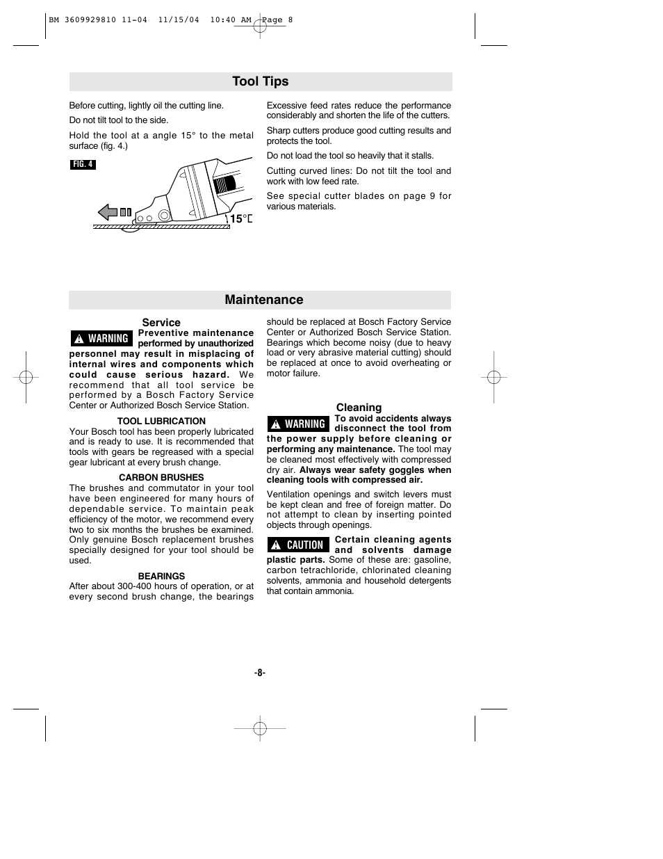 Maintenance, Tool tips | Bosch 1521 User Manual | Page 8 / 28