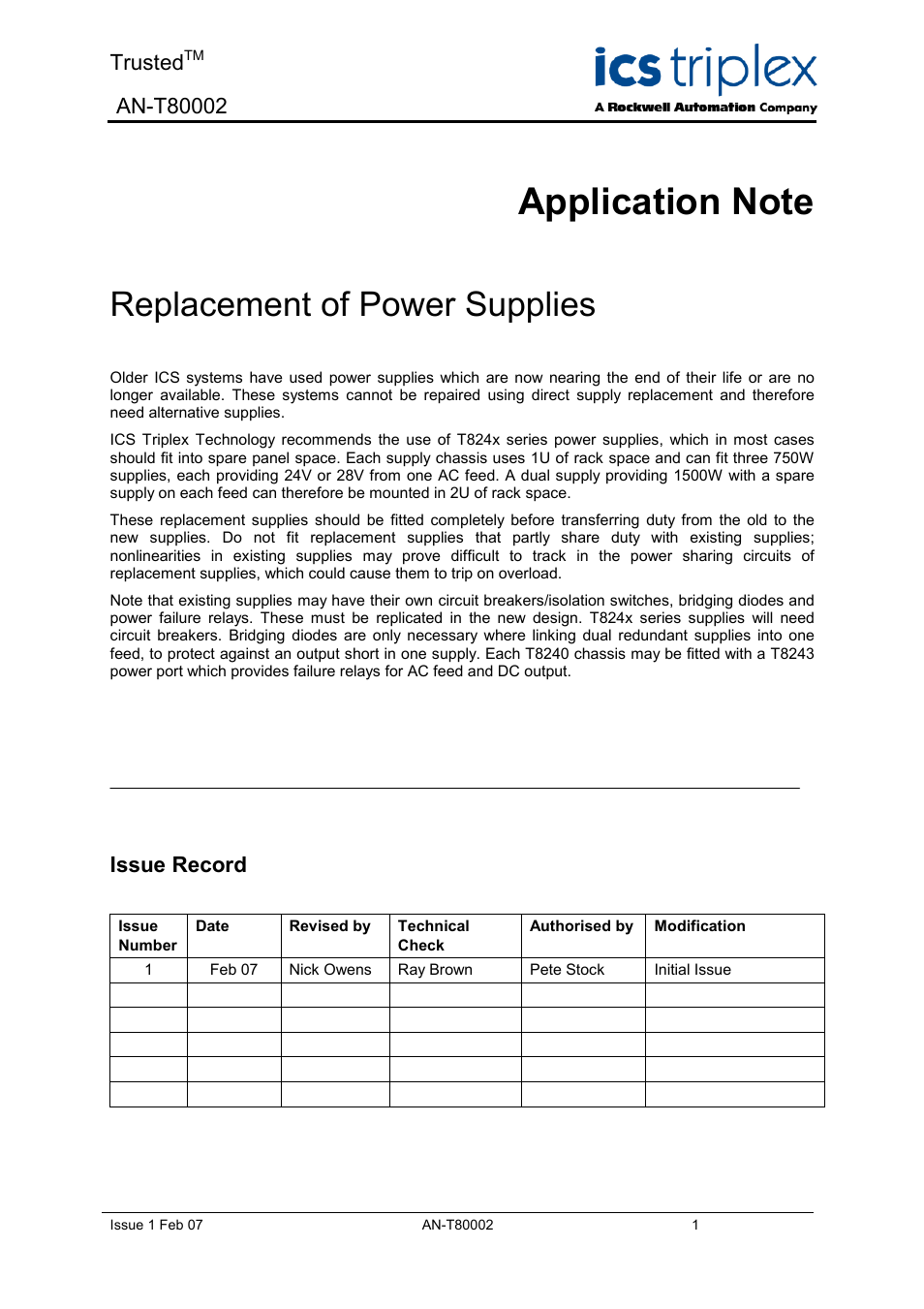Rockwell Automation T80002 Application Note Replacement of Power Supplies User Manual | 2 pages