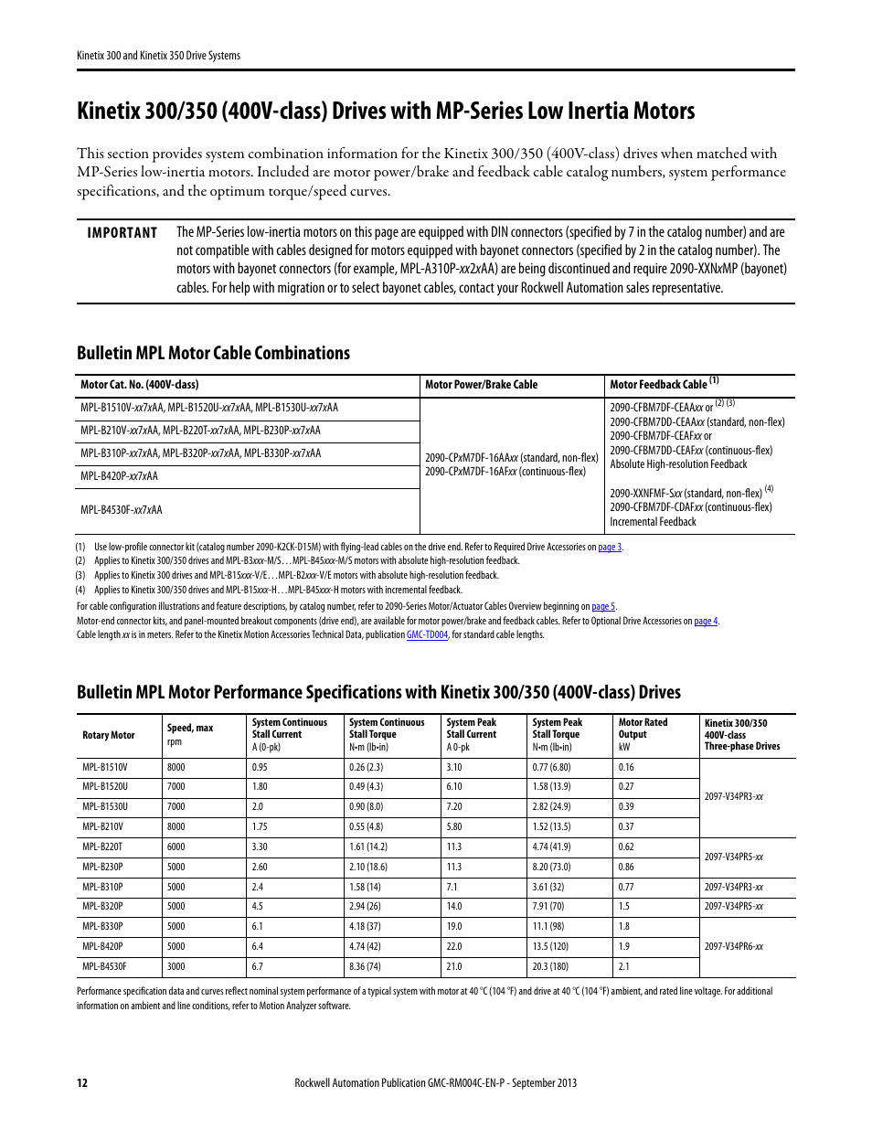 Kinetix 300/350 (400v-class) with mpl, Bulletin mpl motor cable combinations | Rockwell Automation 2097-V3xPRx-LM Kinetix 300 and Kinetix 350 Drive Systems Design Guide User Manual | Page 12 / 84