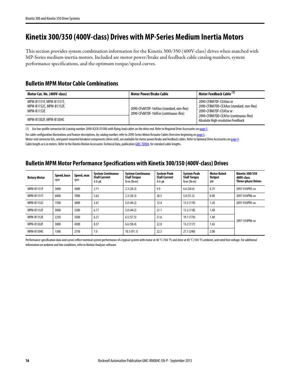 Kinetix 300/350 (400v-class) with mpm, Bulletin mpm motor cable combinations | Rockwell Automation 2097-V3xPRx-LM Kinetix 300 and Kinetix 350 Drive Systems Design Guide User Manual | Page 16 / 84