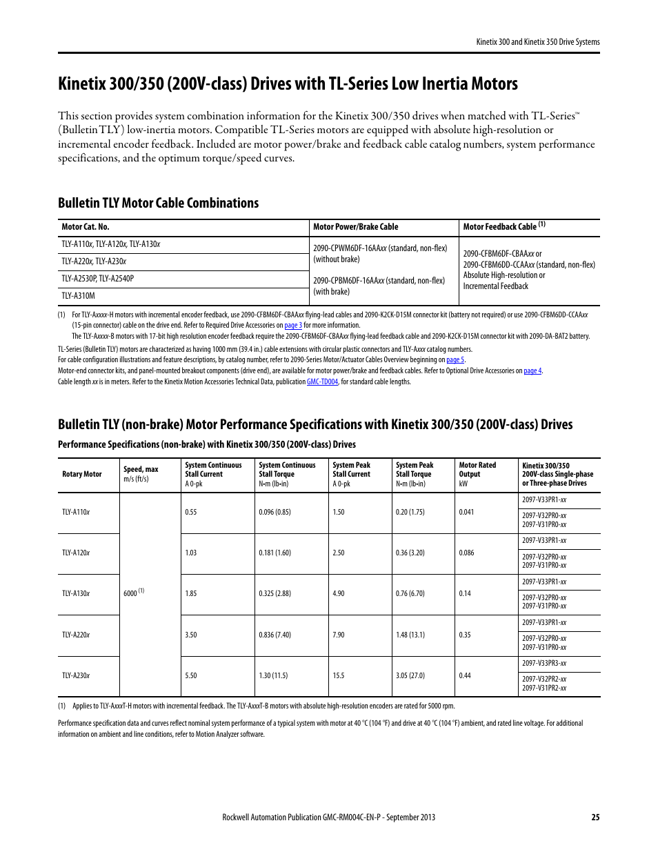 Kinetix 300/350 with tl-series, Bulletin tly motor cable combinations | Rockwell Automation 2097-V3xPRx-LM Kinetix 300 and Kinetix 350 Drive Systems Design Guide User Manual | Page 25 / 84