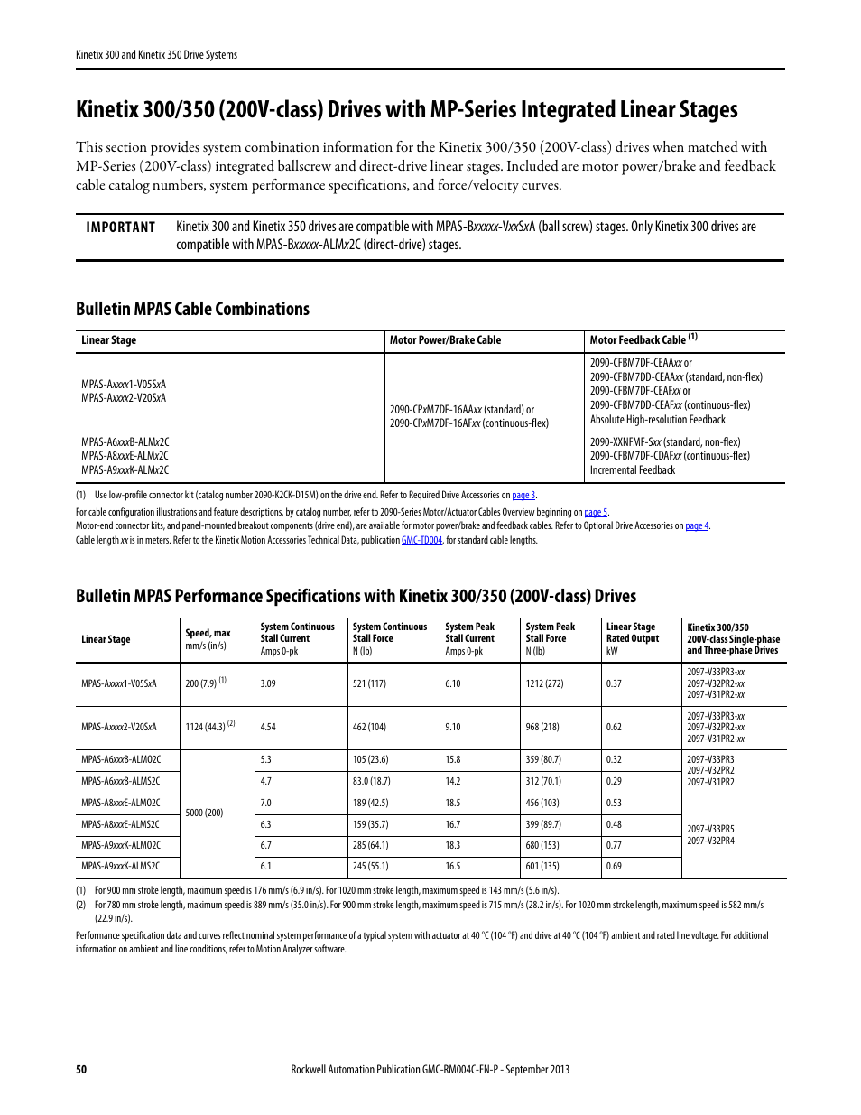 Kinetix 300/350 (200v-class) with mpas, Bulletin mpas cable combinations | Rockwell Automation 2097-V3xPRx-LM Kinetix 300 and Kinetix 350 Drive Systems Design Guide User Manual | Page 50 / 84