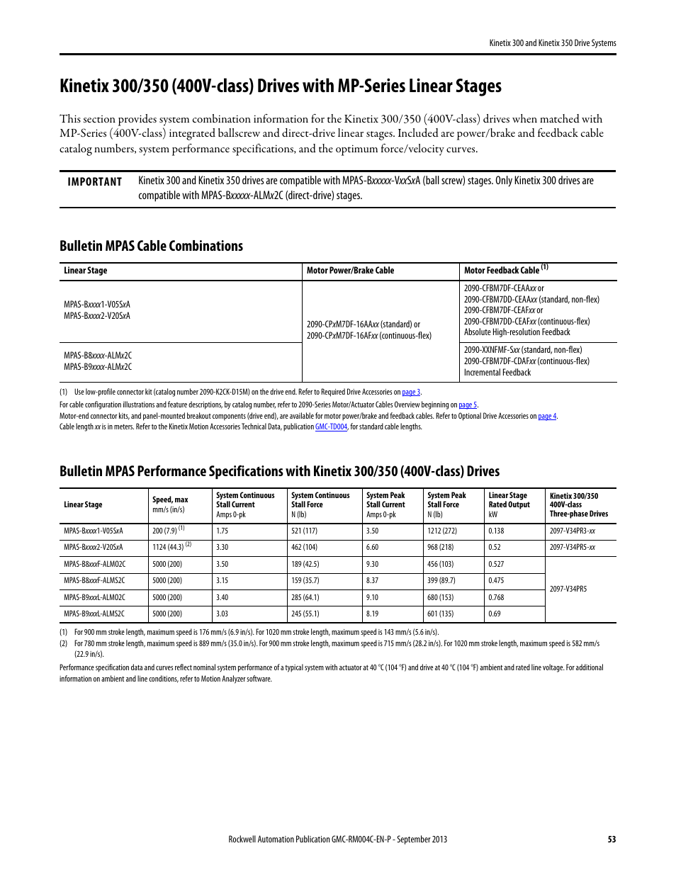 Kinetix 300/350 (400v-class) with mpas, Bulletin mpas cable combinations | Rockwell Automation 2097-V3xPRx-LM Kinetix 300 and Kinetix 350 Drive Systems Design Guide User Manual | Page 53 / 84