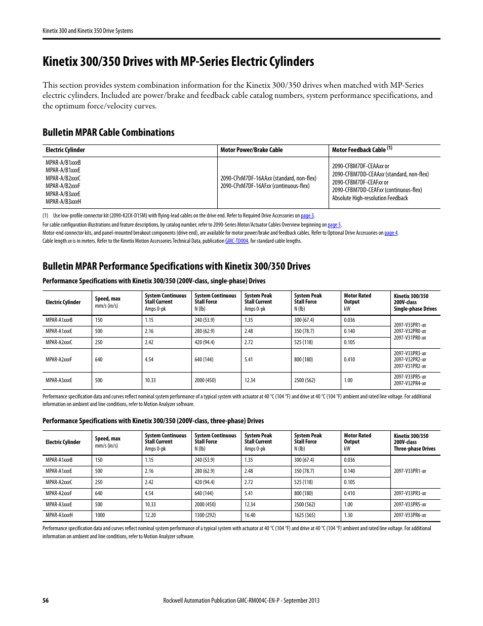 Kinetix 300/350 drives with mpar, Bulletin mpar cable combinations | Rockwell Automation 2097-V3xPRx-LM Kinetix 300 and Kinetix 350 Drive Systems Design Guide User Manual | Page 56 / 84