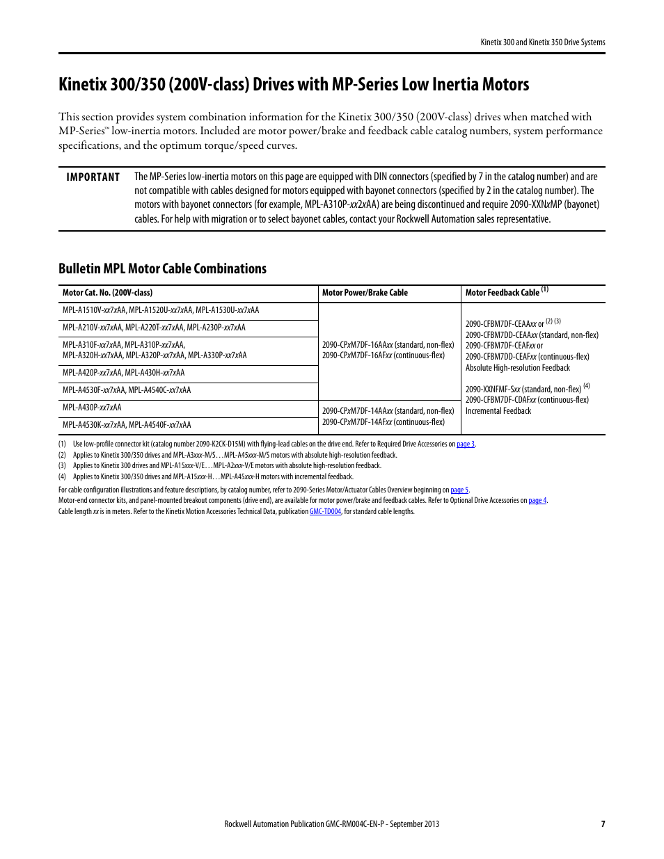Kinetix 300/350 (200v-class) with mpl, Bulletin mpl motor cable combinations | Rockwell Automation 2097-V3xPRx-LM Kinetix 300 and Kinetix 350 Drive Systems Design Guide User Manual | Page 7 / 84
