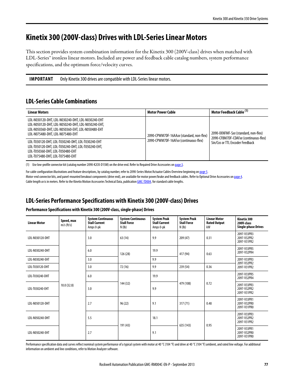 Kinetix 300 (200v-class) with ldl-series, Ldl-series cable combinations | Rockwell Automation 2097-V3xPRx-LM Kinetix 300 and Kinetix 350 Drive Systems Design Guide User Manual | Page 77 / 84