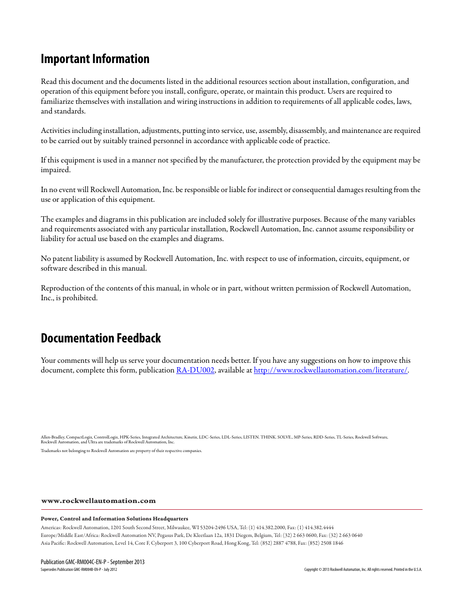 Important information, Documentation feedback | Rockwell Automation 2097-V3xPRx-LM Kinetix 300 and Kinetix 350 Drive Systems Design Guide User Manual | Page 84 / 84