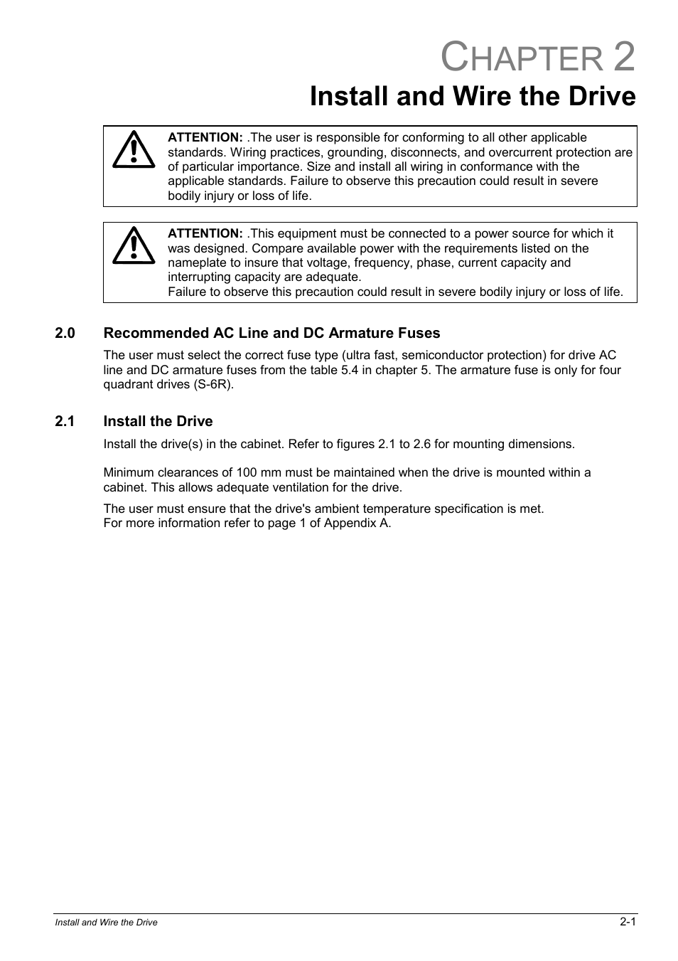 2 - install and wire the drive, 0 recommended ac line and dc armature fuses, 1 install the drive | Hapter, Install and wire the drive | Rockwell Automation WebPak 3000  DC Drives Hardware Reference, Installation and Troubleshooting User Manual | Page 13 / 92