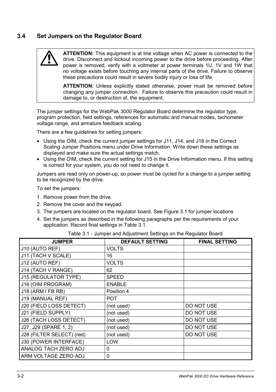 4 set jumpers on the regulator board | Rockwell Automation WebPak 3000  DC Drives Hardware Reference, Installation and Troubleshooting User Manual | Page 34 / 92