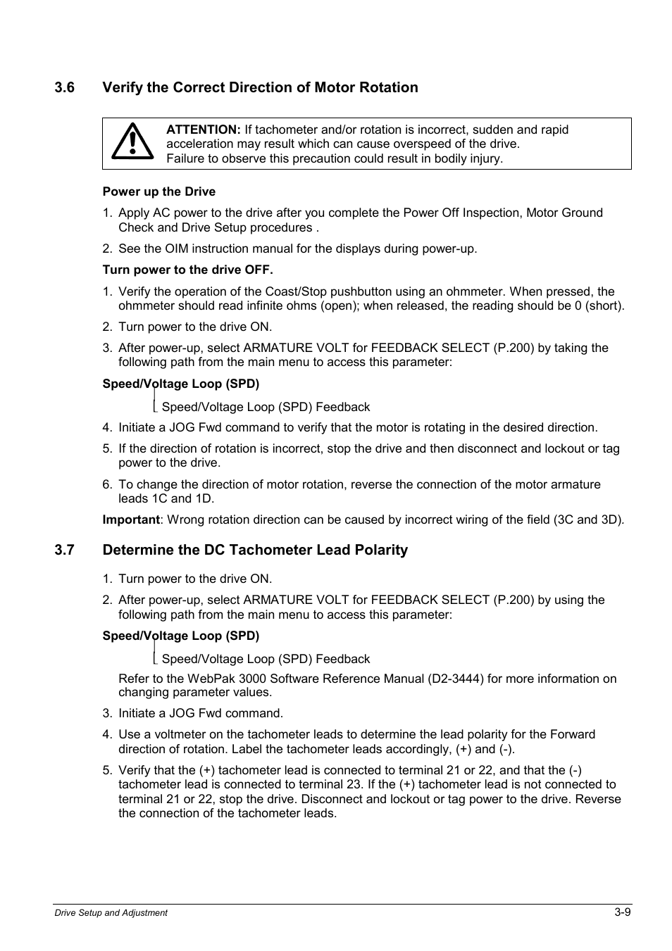 6 verify the correct direction of motor rotation, 7 determine the dc tachometer lead polarity | Rockwell Automation WebPak 3000  DC Drives Hardware Reference, Installation and Troubleshooting User Manual | Page 41 / 92