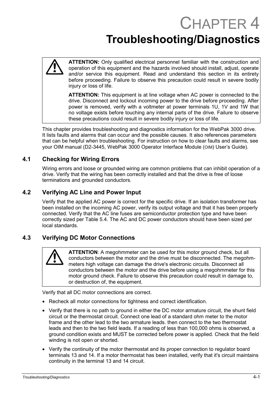 4 - troubleshooting/diagnostics, 1 checking for wiring errors, 2 verifying ac line and power input | 3 verifying dc motor connections, Hapter, Troubleshooting/diagnostics | Rockwell Automation WebPak 3000  DC Drives Hardware Reference, Installation and Troubleshooting User Manual | Page 43 / 92