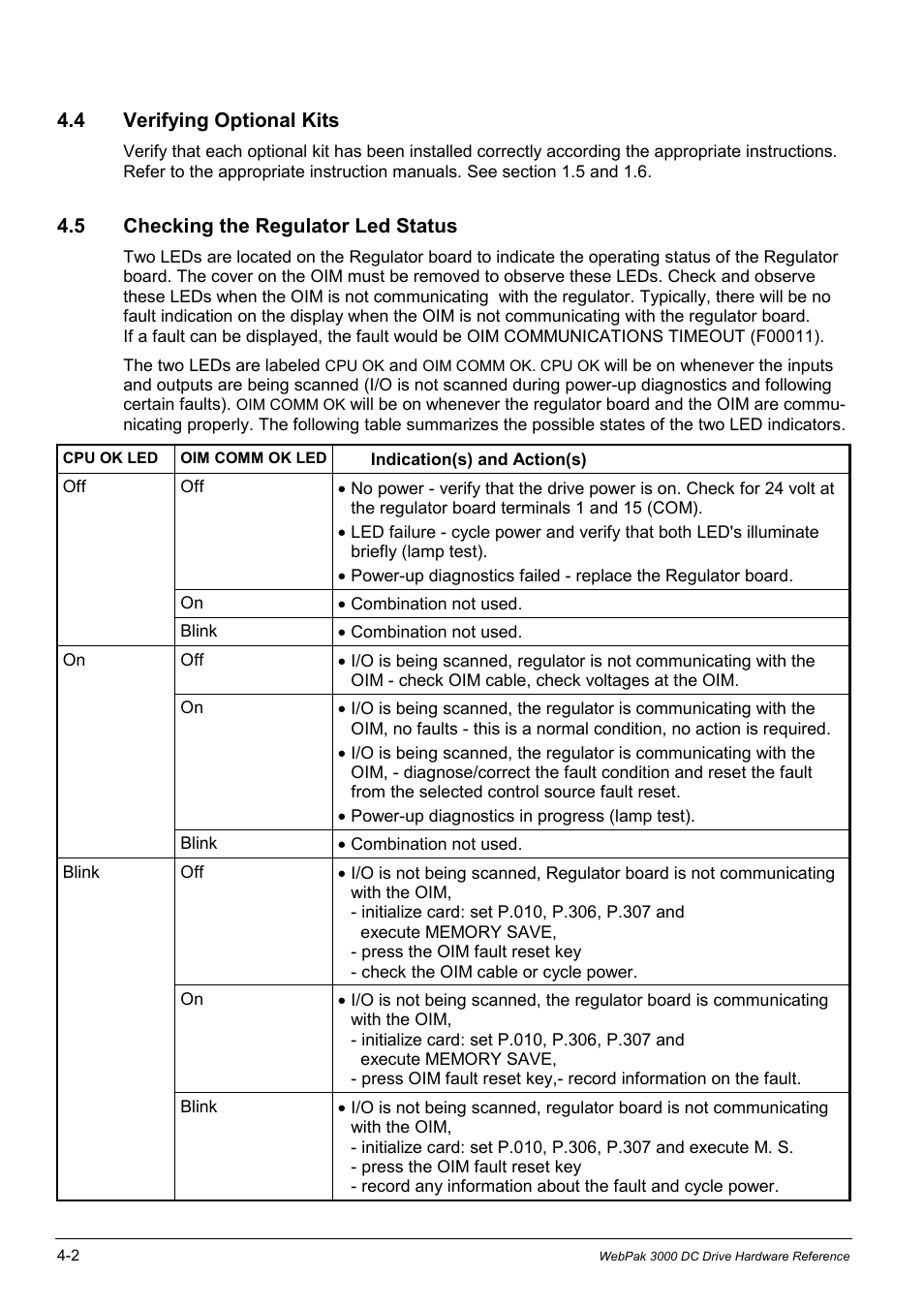 4 verifying optional kits, 5 checking the regulator led status | Rockwell Automation WebPak 3000  DC Drives Hardware Reference, Installation and Troubleshooting User Manual | Page 44 / 92