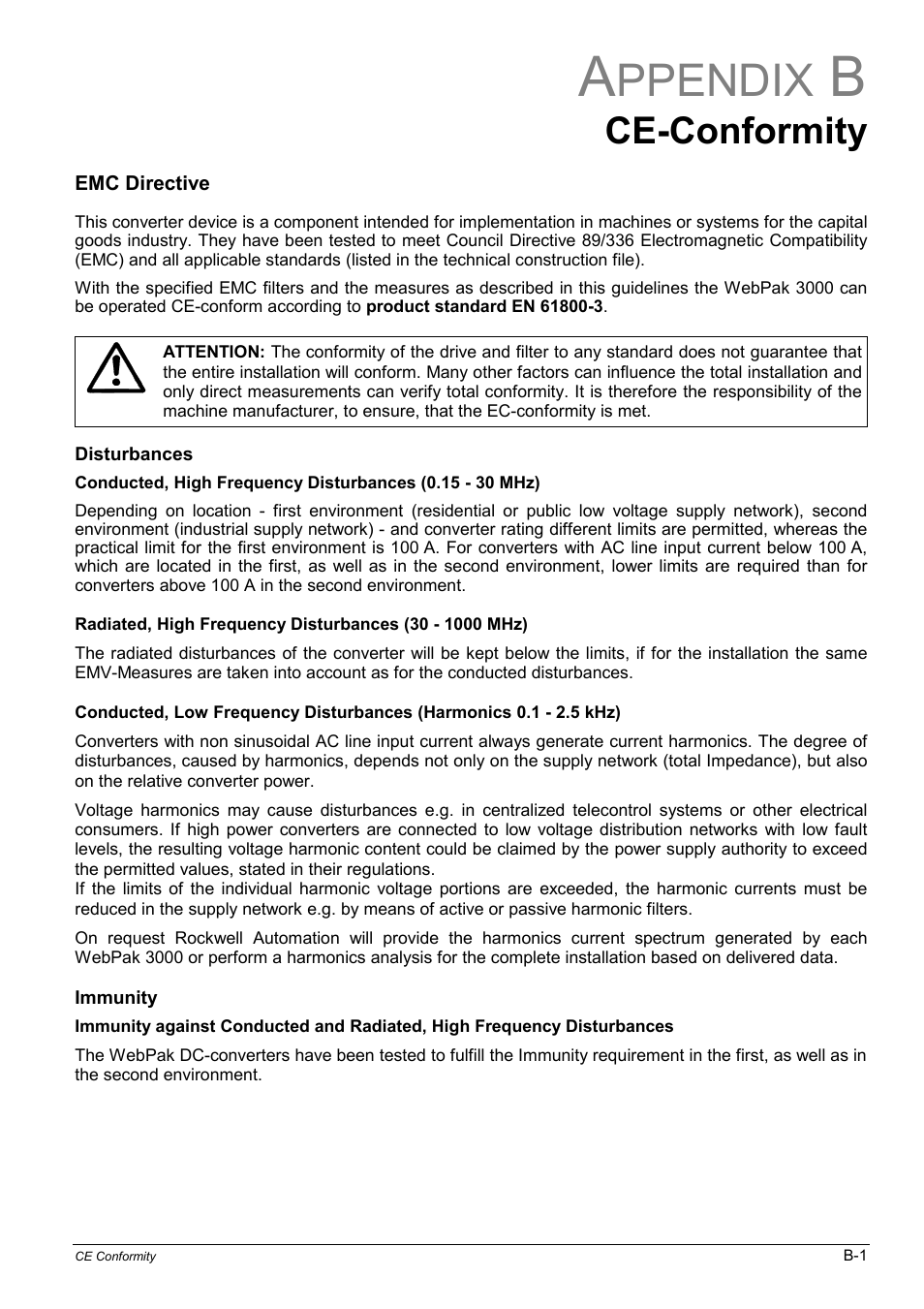 B - emc directive, Ppendix, Ce-conformity | Rockwell Automation WebPak 3000  DC Drives Hardware Reference, Installation and Troubleshooting User Manual | Page 85 / 92