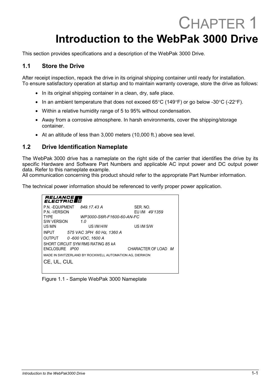 1 - introduction to the webpak 3000 drive, 1 store the drive, 2 drive identification nameplate | Hapter, Introduction to the webpak 3000 drive | Rockwell Automation WebPak 3000  DC Drives Hardware Reference, Installation and Troubleshooting User Manual | Page 9 / 92