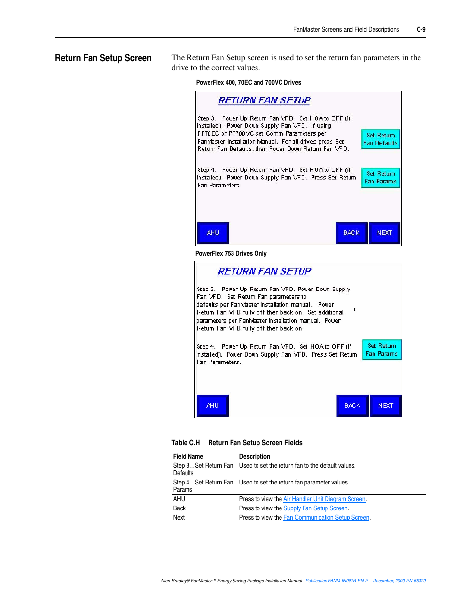 Return fan setup screen | Rockwell Automation FANM FanMaster Energy Saving Package User Manual | Page 101 / 124