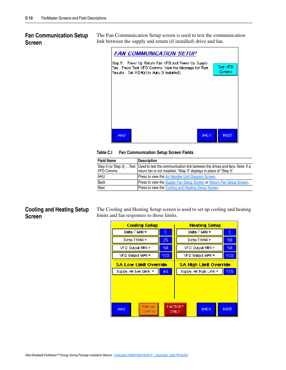 Fan communication setup screen, Cooling and heating setup screen, Cooling and heating setup | D on the, C-10, Fan communication setup, Screen | Rockwell Automation FANM FanMaster Energy Saving Package User Manual | Page 102 / 124