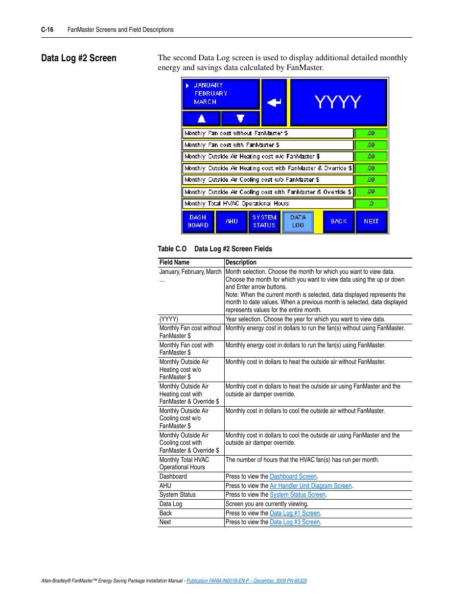 Data log #2 screen, C-16 | Rockwell Automation FANM FanMaster Energy Saving Package User Manual | Page 108 / 124