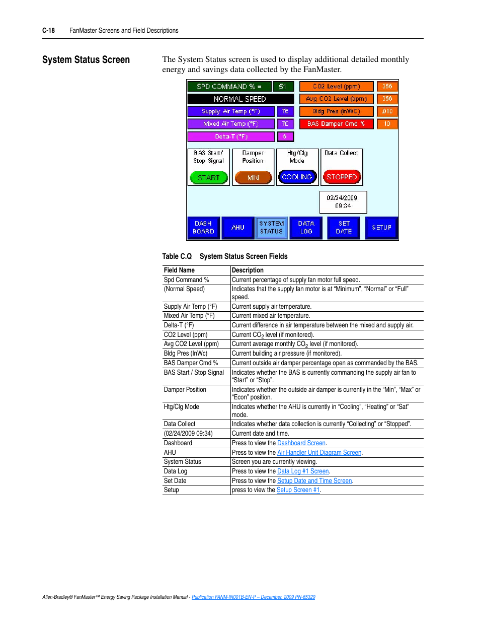 System status screen, C-18 | Rockwell Automation FANM FanMaster Energy Saving Package User Manual | Page 110 / 124