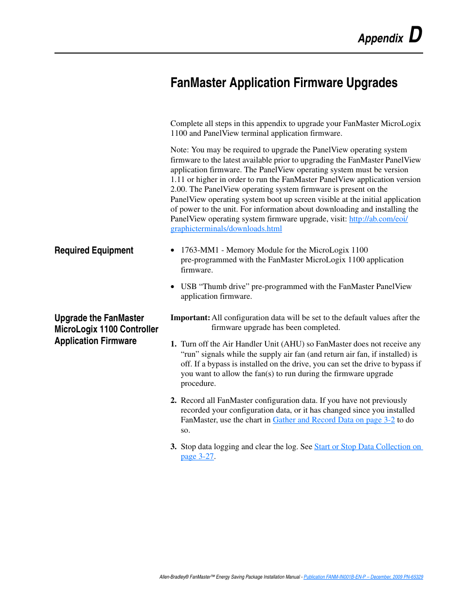 Appendix d, Fanmaster application firmware upgrades, Required equipment | Appendix | Rockwell Automation FANM FanMaster Energy Saving Package User Manual | Page 111 / 124