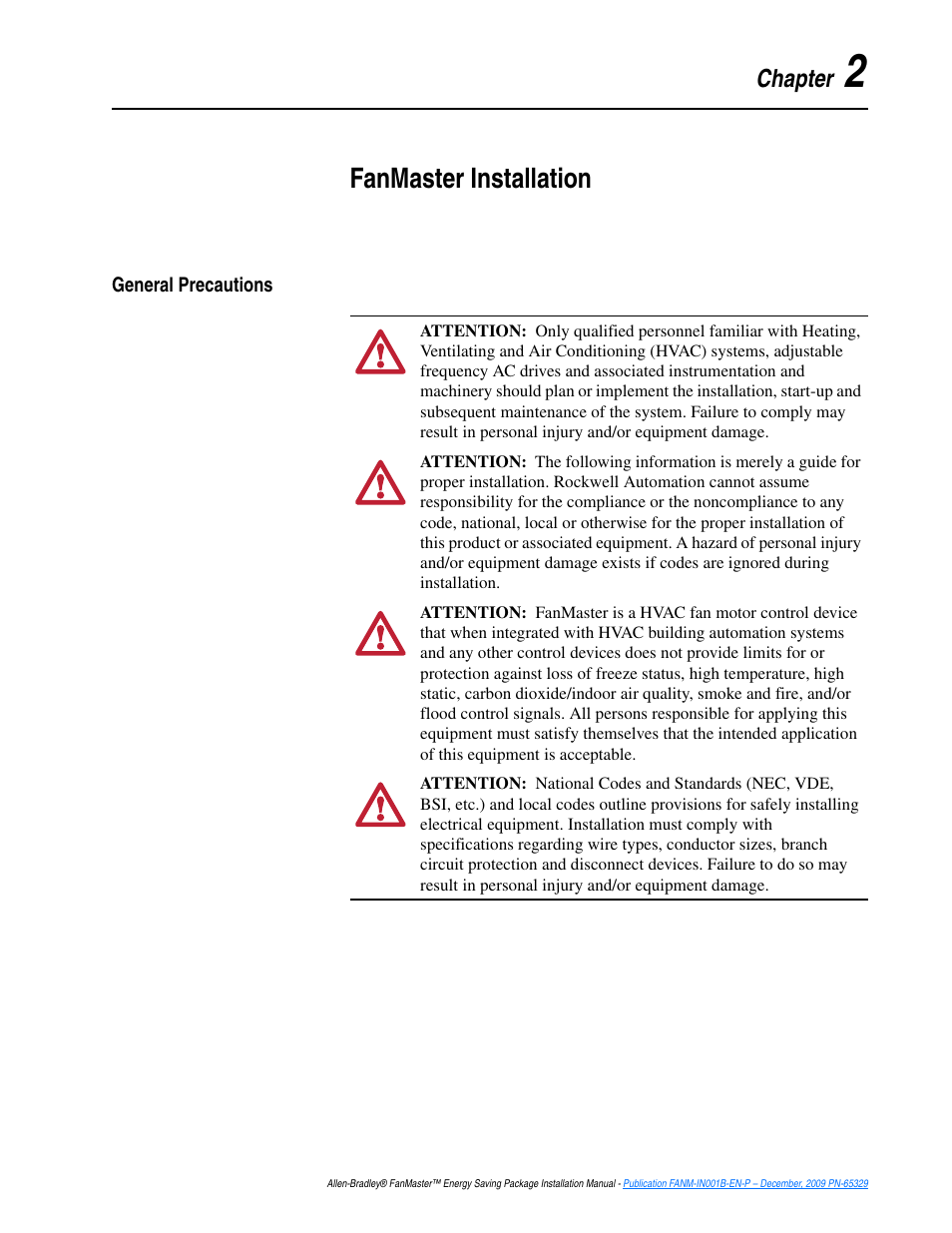 Chapter 2, Fanmaster installation, General precautions | General precautions -1 | Rockwell Automation FANM FanMaster Energy Saving Package User Manual | Page 19 / 124