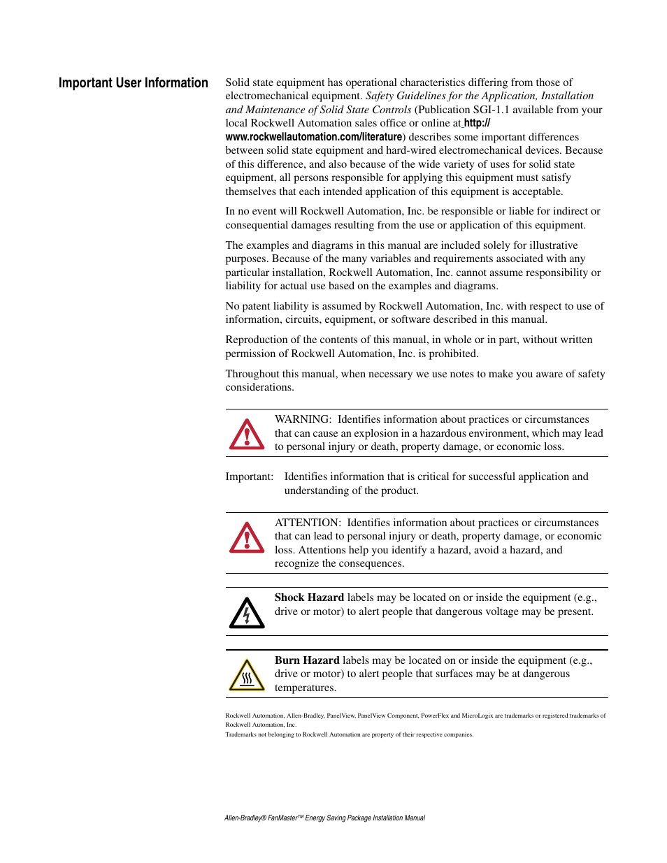Important user information | Rockwell Automation FANM FanMaster Energy Saving Package User Manual | Page 2 / 124