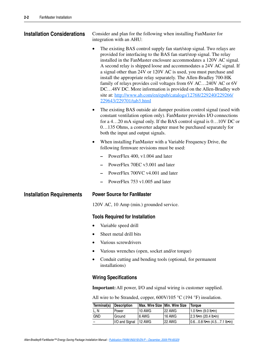 Installation considerations, Installation requirements | Rockwell Automation FANM FanMaster Energy Saving Package User Manual | Page 20 / 124