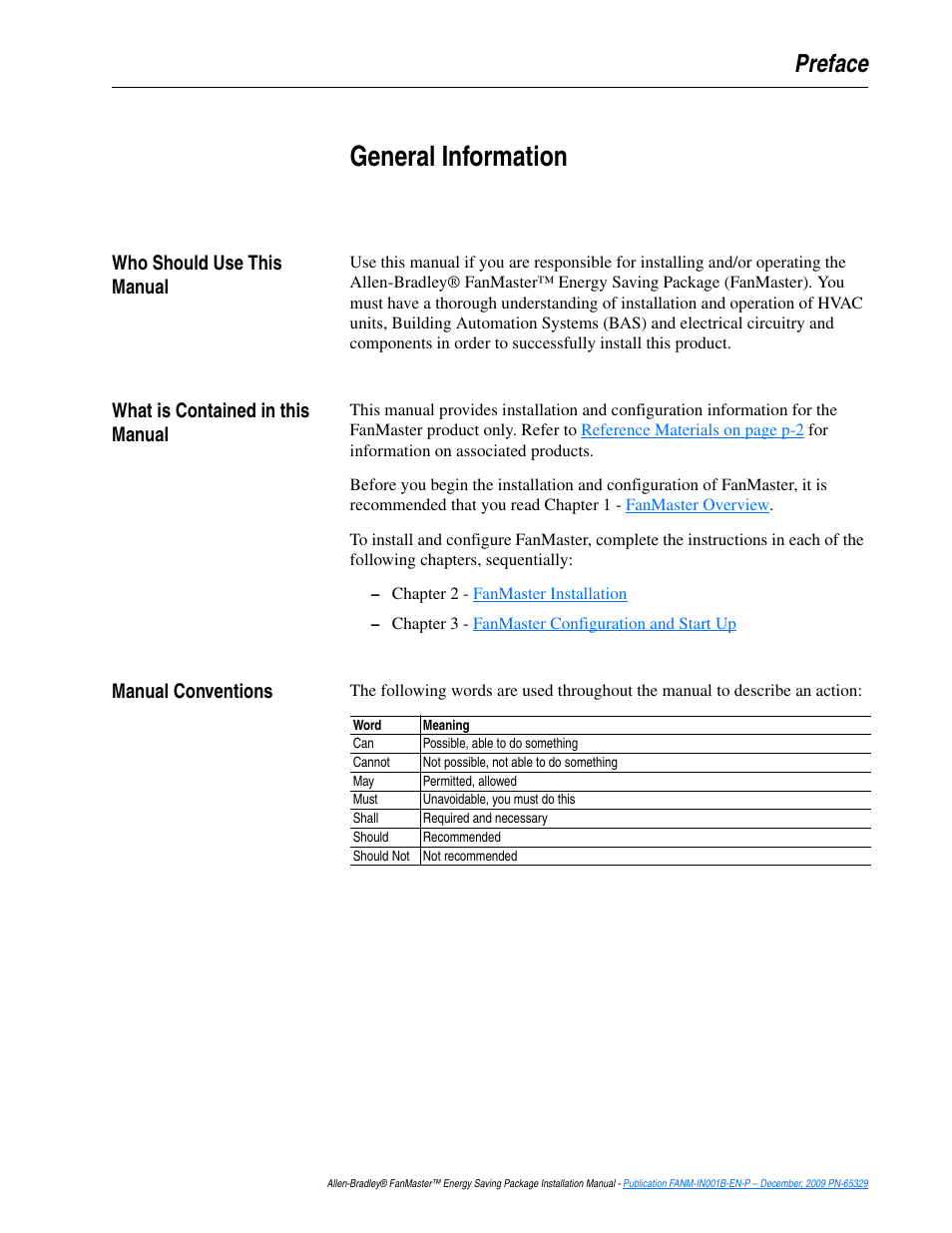 Preface, General information, Who should use this manual | What is contained in this manual, Manual conventions | Rockwell Automation FANM FanMaster Energy Saving Package User Manual | Page 5 / 124
