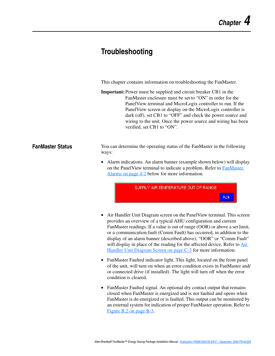 Chapter 4, Troubleshooting, Fanmaster status | Fanmaster status -1, Chapter | Rockwell Automation FANM FanMaster Energy Saving Package User Manual | Page 65 / 124