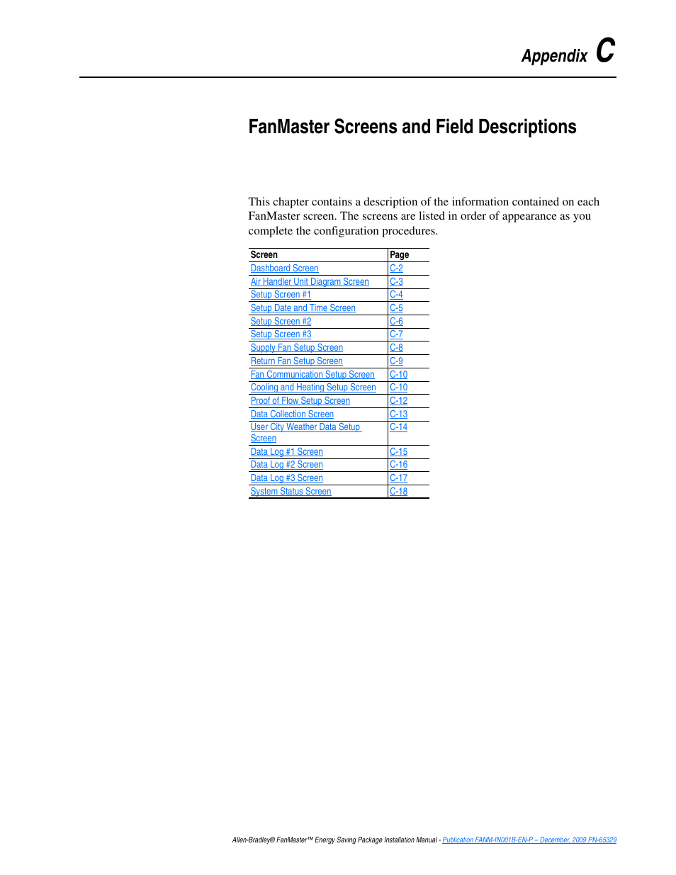 Appendix c, Fanmaster screens and field descriptions, Fanmaster screens and field | Descriptions, Appendix | Rockwell Automation FANM FanMaster Energy Saving Package User Manual | Page 93 / 124