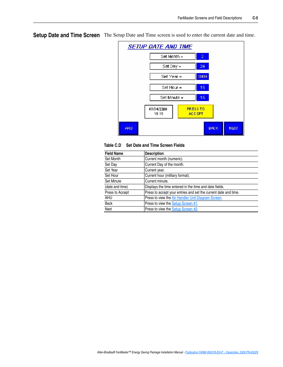 Setup date and time screen | Rockwell Automation FANM FanMaster Energy Saving Package User Manual | Page 97 / 124
