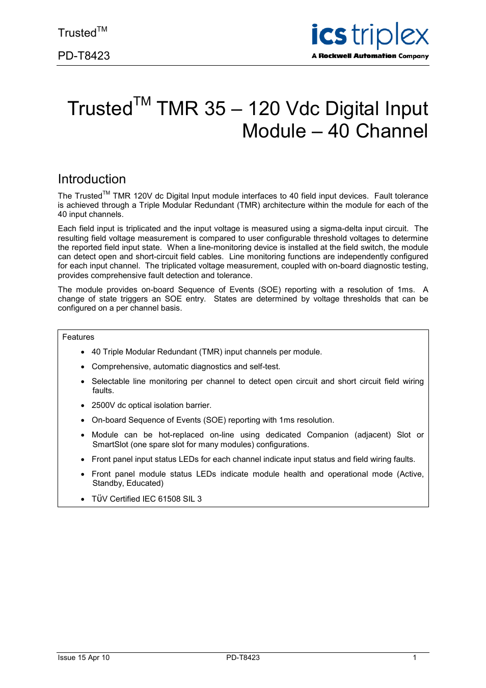 Rockwell Automation T8423 Trusted TMR 35 - 120 Vdc Digital Input Module User Manual | 33 pages