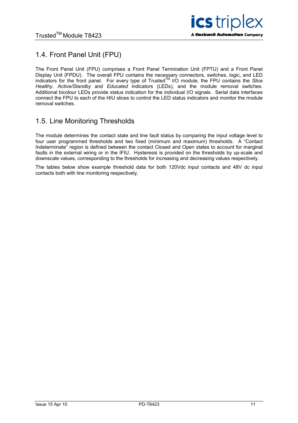 Front panel unit (fpu), Line monitoring thresholds | Rockwell Automation T8423 Trusted TMR 35 - 120 Vdc Digital Input Module User Manual | Page 11 / 33