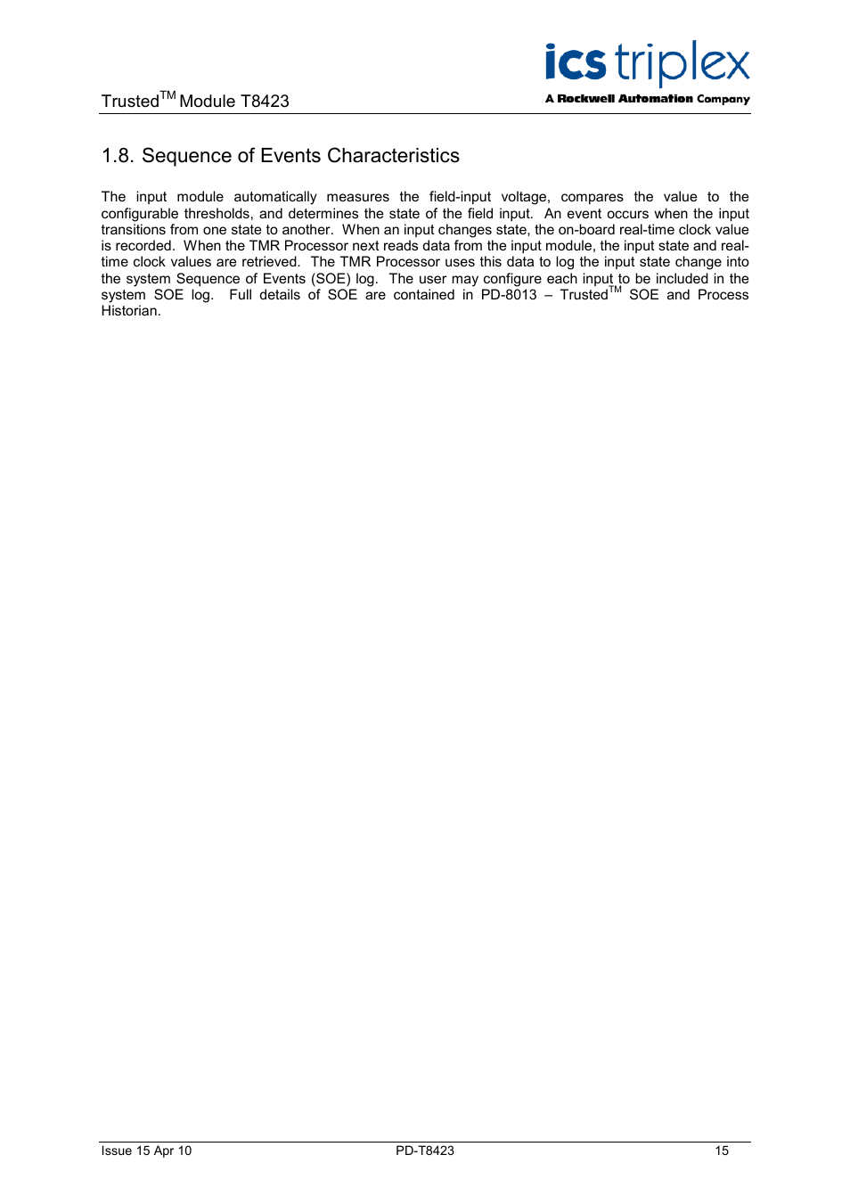 Sequence of events characteristics, Trusted, Module t8423 | Rockwell Automation T8423 Trusted TMR 35 - 120 Vdc Digital Input Module User Manual | Page 15 / 33