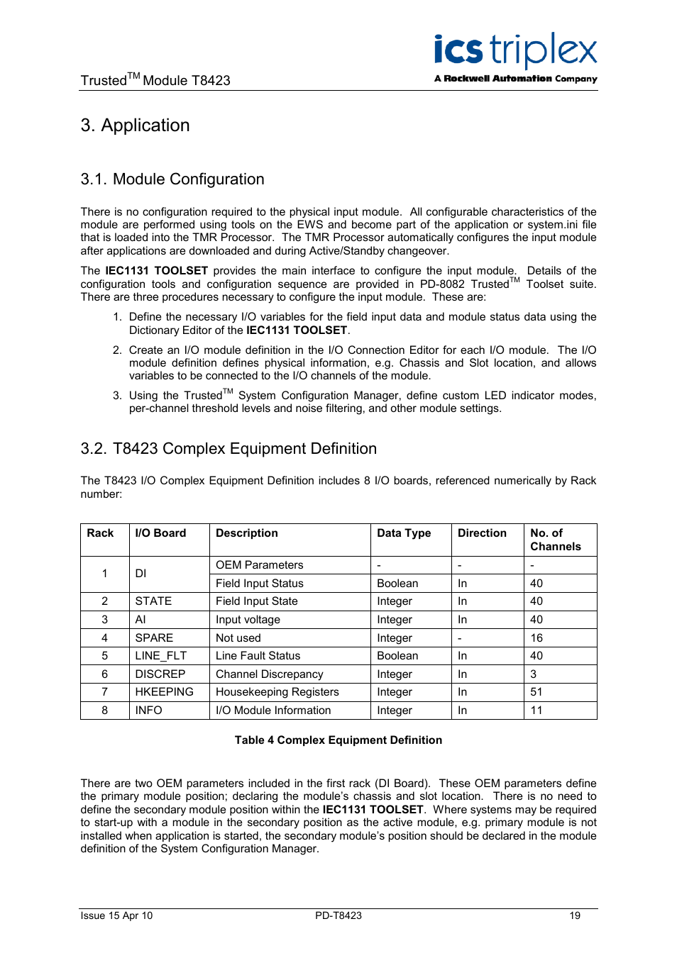 Application, Module configuration, T8423 complex equipment definition | Table 4 complex equipment definition, Trusted, Module t8423 | Rockwell Automation T8423 Trusted TMR 35 - 120 Vdc Digital Input Module User Manual | Page 19 / 33