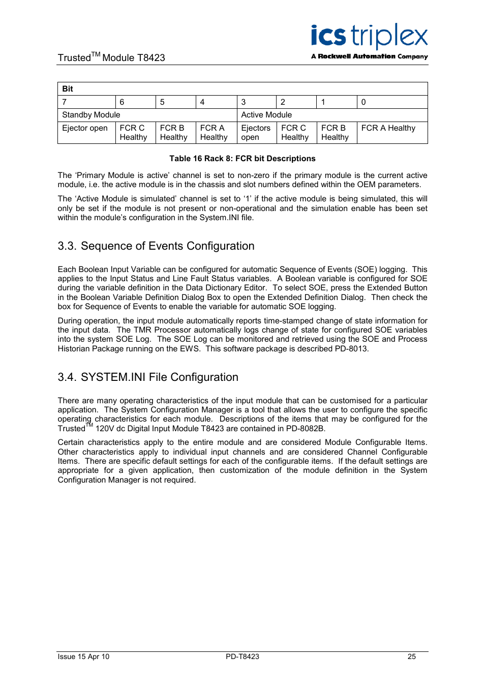 Sequence of events configuration, System.ini file configuration, Table 16 rack 8: fcr bit descriptions | Trusted, Module t8423 | Rockwell Automation T8423 Trusted TMR 35 - 120 Vdc Digital Input Module User Manual | Page 25 / 33