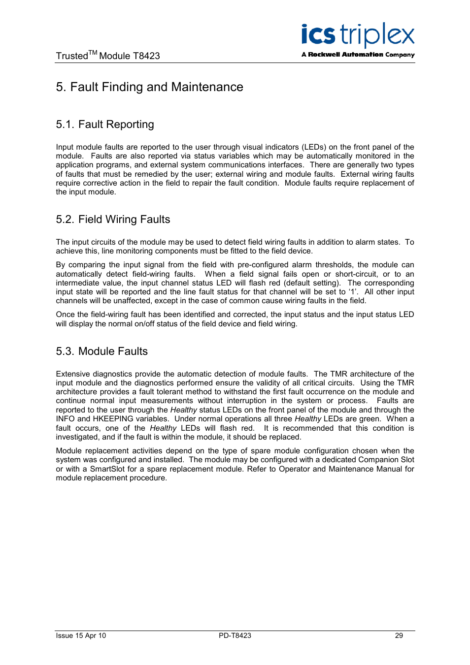 Fault finding and maintenance, Fault reporting, Field wiring faults | Module faults | Rockwell Automation T8423 Trusted TMR 35 - 120 Vdc Digital Input Module User Manual | Page 29 / 33