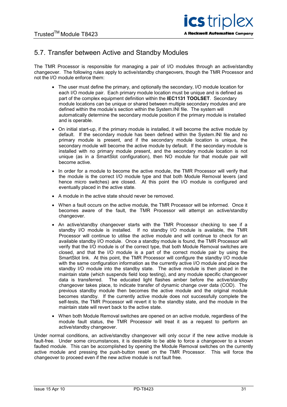 Transfer between active and standby modules, Trusted, Module t8423 | Rockwell Automation T8423 Trusted TMR 35 - 120 Vdc Digital Input Module User Manual | Page 31 / 33