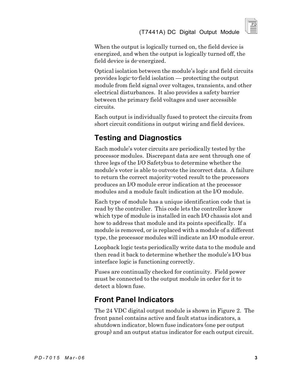 Testing and diagnostics, Front panel indicators | Rockwell Automation T7441A ICS Regent+Plus DC Digital Output Module 24VDC User Manual | Page 3 / 13