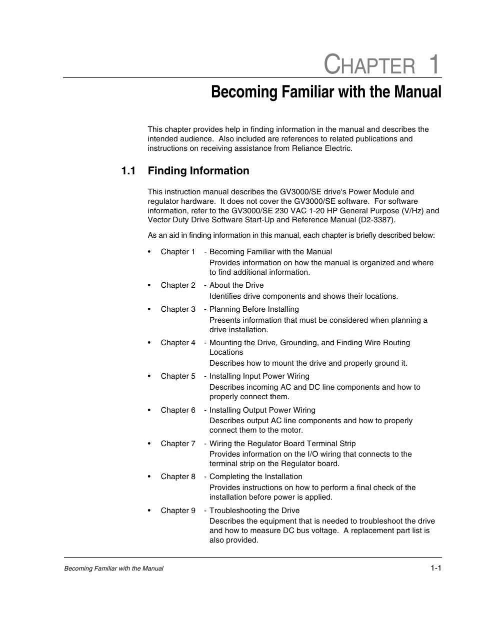 Chapter 1 - becoming familiar with the manual, Hapter, Becoming familiar with the manual | Rockwell Automation GV3000/SE AC Drive 1-20HP, 230VAC Ver. 6.04 Hdwe Ref, Install, Troubleshooting User Manual | Page 13 / 82