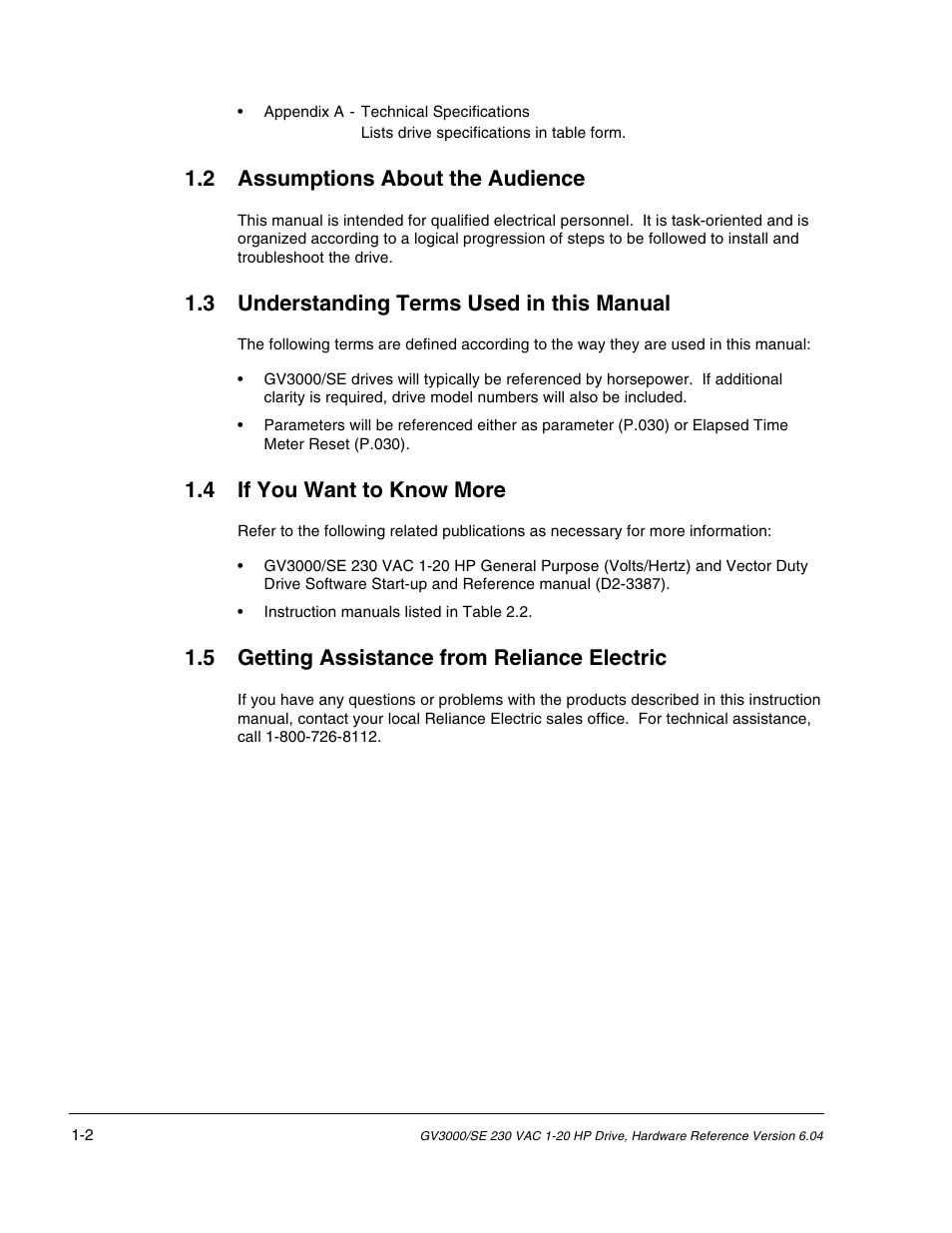 2 assumptions about the audience, 3 understanding terms used in this manual, 4 if you want to know more | 5 getting assistance from reliance electric | Rockwell Automation GV3000/SE AC Drive 1-20HP, 230VAC Ver. 6.04 Hdwe Ref, Install, Troubleshooting User Manual | Page 14 / 82