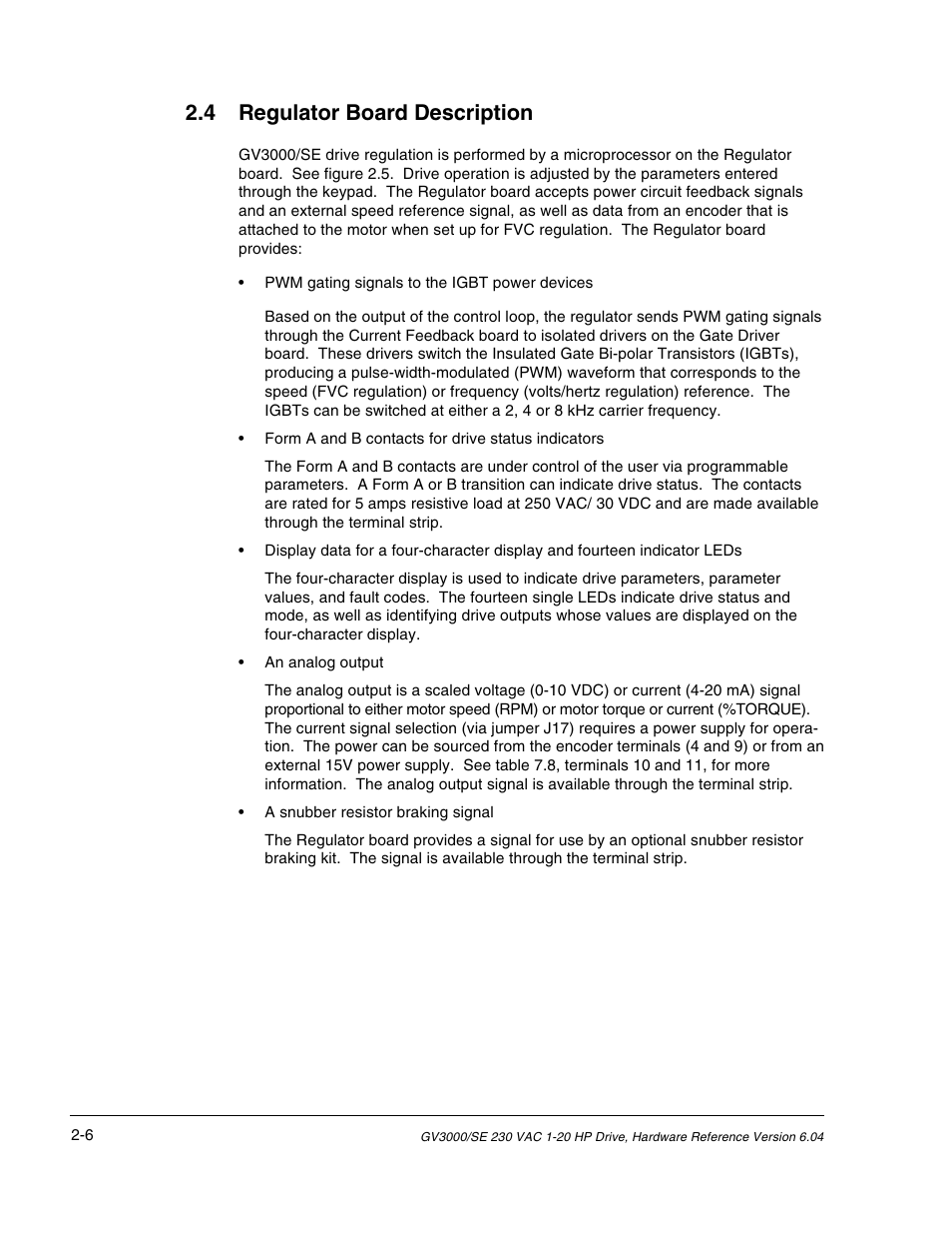 4 regulator board description | Rockwell Automation GV3000/SE AC Drive 1-20HP, 230VAC Ver. 6.04 Hdwe Ref, Install, Troubleshooting User Manual | Page 20 / 82