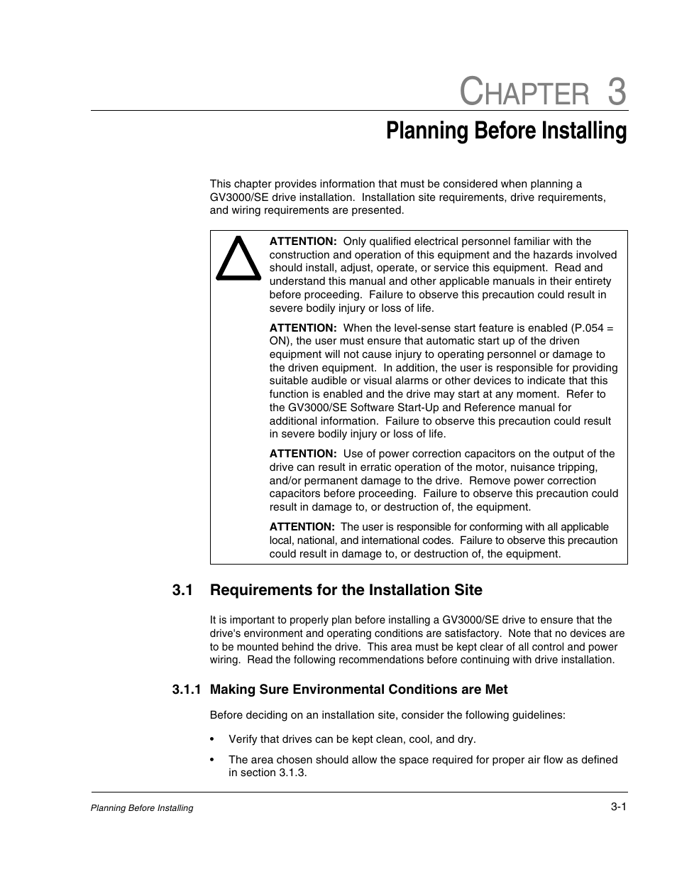 Chapter 3 - planning before installing, Hapter, Planning before installing | Rockwell Automation GV3000/SE AC Drive 1-20HP, 230VAC Ver. 6.04 Hdwe Ref, Install, Troubleshooting User Manual | Page 29 / 82