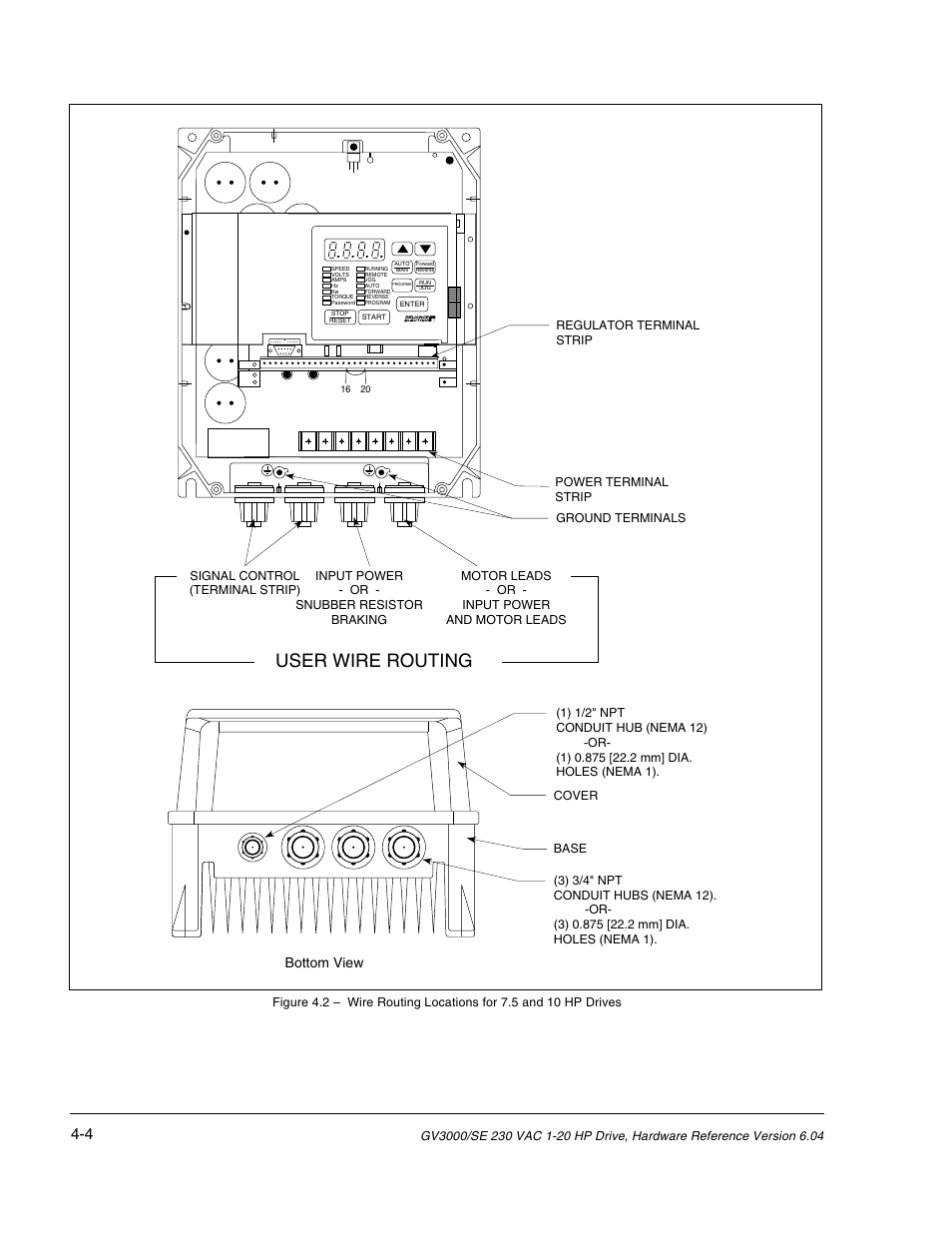 User wire routing, Bottom view | Rockwell Automation GV3000/SE AC Drive 1-20HP, 230VAC Ver. 6.04 Hdwe Ref, Install, Troubleshooting User Manual | Page 40 / 82