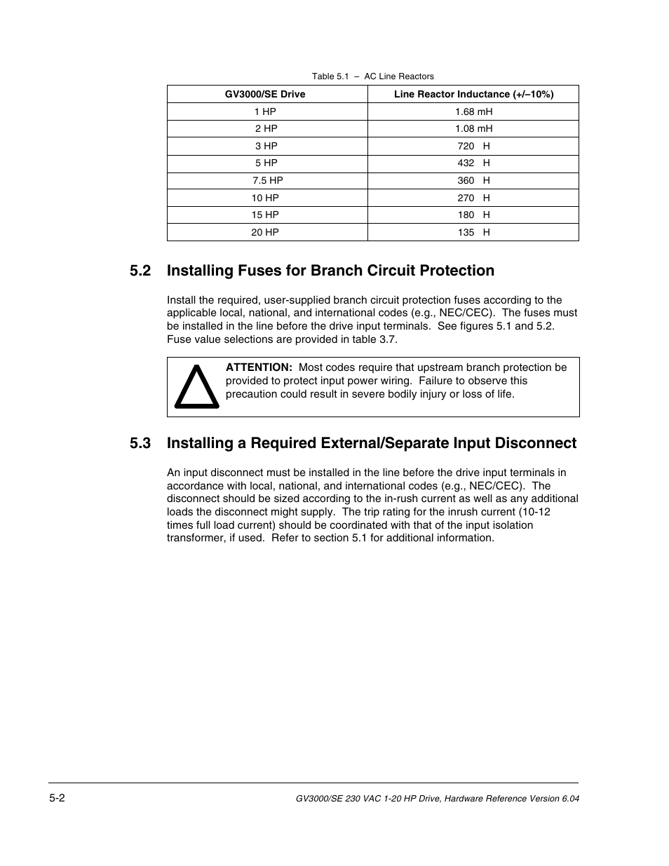 2 installing fuses for branch circuit protection | Rockwell Automation GV3000/SE AC Drive 1-20HP, 230VAC Ver. 6.04 Hdwe Ref, Install, Troubleshooting User Manual | Page 44 / 82