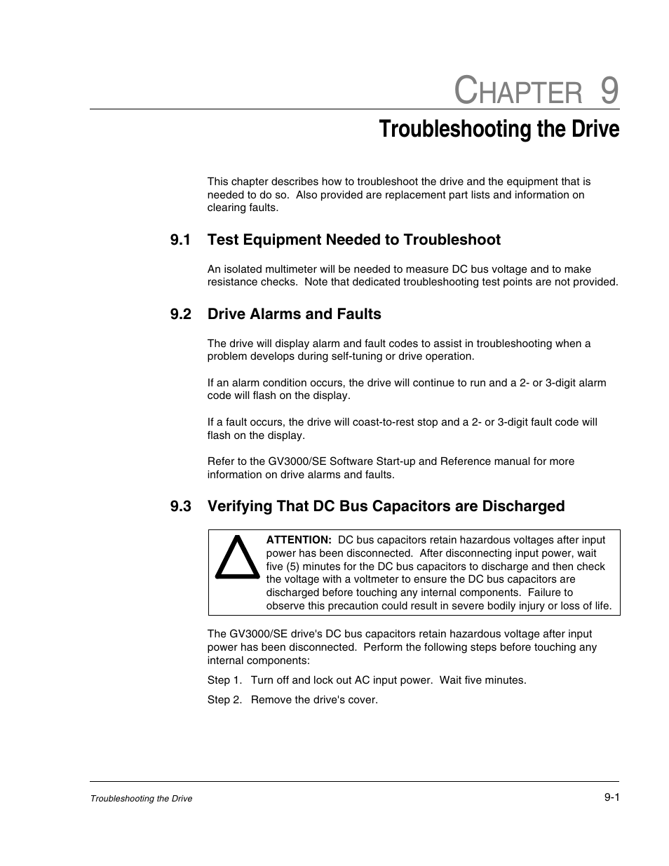 Chapter 9 - troubleshooting the drive, Hapter, Troubleshooting the drive | Rockwell Automation GV3000/SE AC Drive 1-20HP, 230VAC Ver. 6.04 Hdwe Ref, Install, Troubleshooting User Manual | Page 71 / 82