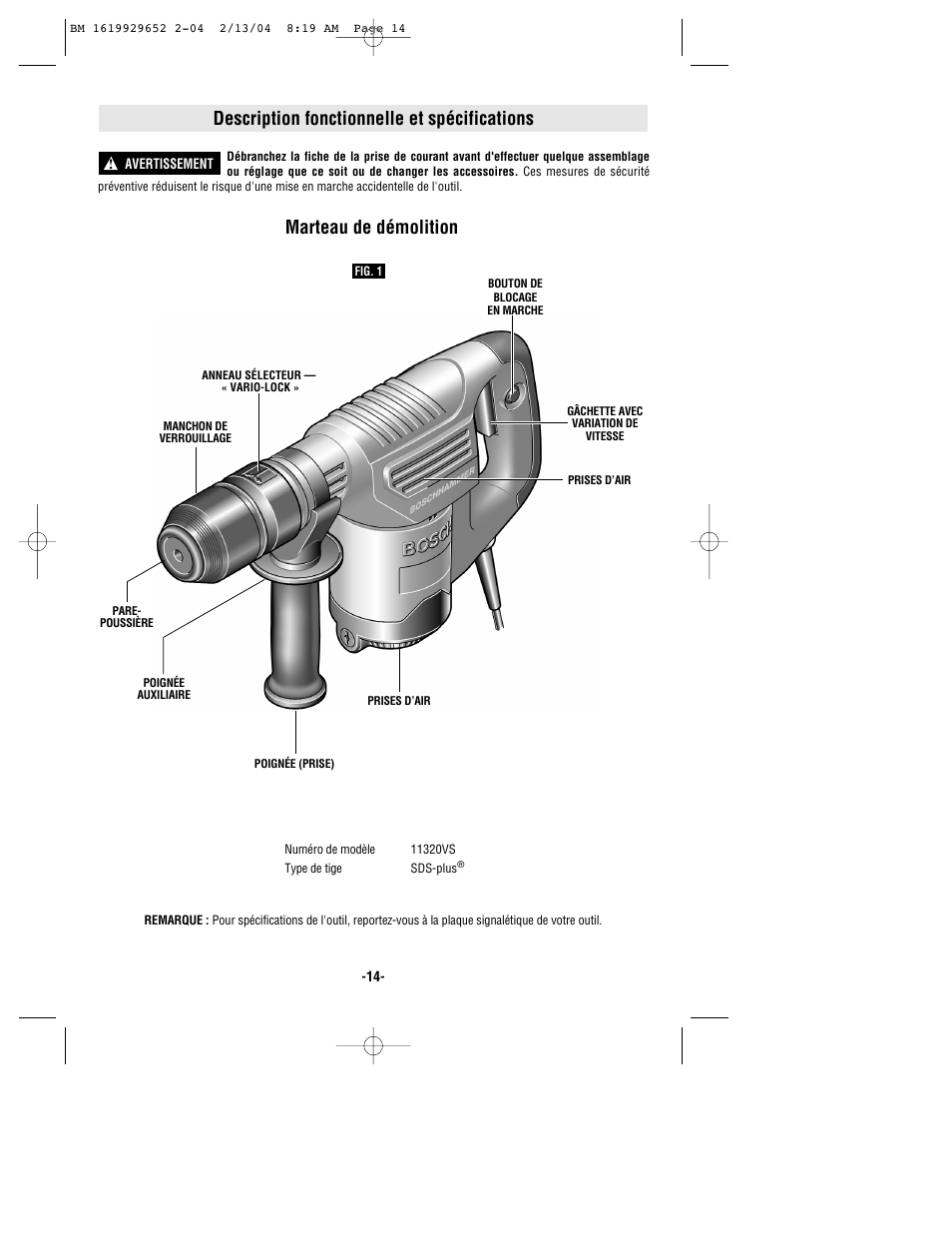 Description fonctionnelle et spécifications, Marteau de démolition | Bosch 11320VS User Manual | Page 14 / 28