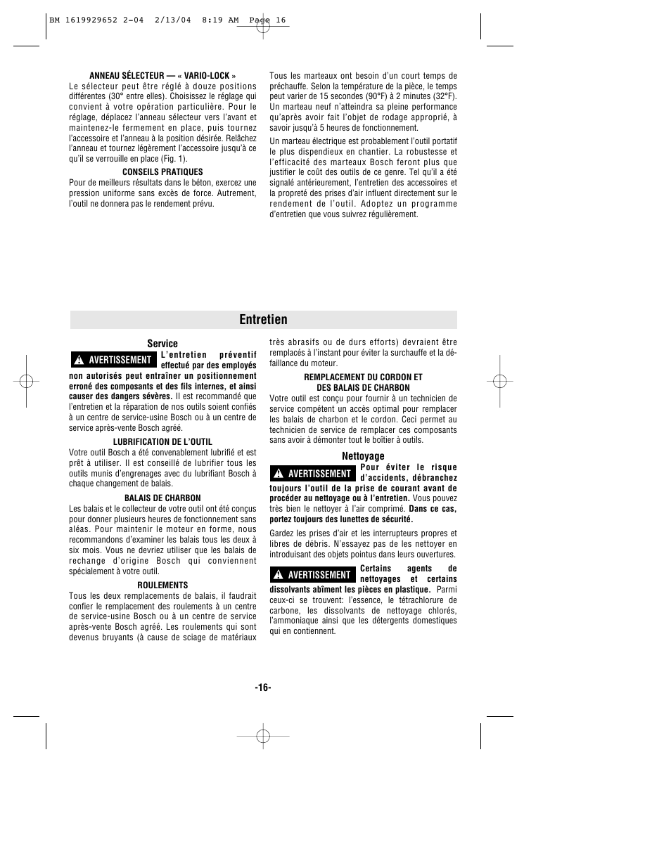 Entretien | Bosch 11320VS User Manual | Page 16 / 28